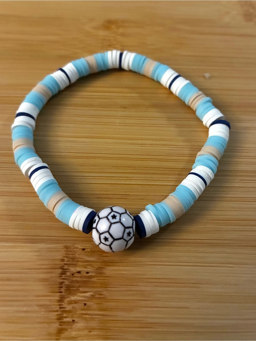 Blue, Navy, Tan & White Beaded Stretch Soccer Bracelet